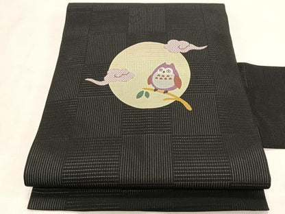 平和屋着物＊夏物　九寸名古屋帯　梟　黒地　正絹　逸品　CABK1450fb