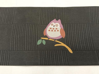 平和屋着物＊夏物　九寸名古屋帯　梟　黒地　正絹　逸品　CABK1450fb