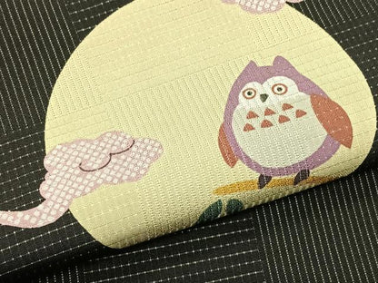 平和屋着物＊夏物　九寸名古屋帯　梟　黒地　正絹　逸品　CABK1450fb