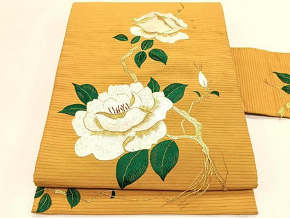平和屋着物＊夏物　アンティーク　大正ロマン　九寸名古屋帯　総手刺繍　駒刺繍　枝花文　金糸　正絹　逸品　CABK1452fb