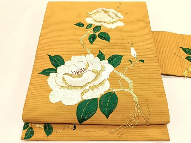 平和屋着物＊夏物　アンティーク　大正ロマン　九寸名古屋帯　総手刺繍　駒刺繍　枝花文　金糸　正絹　逸品　CABK1452fb