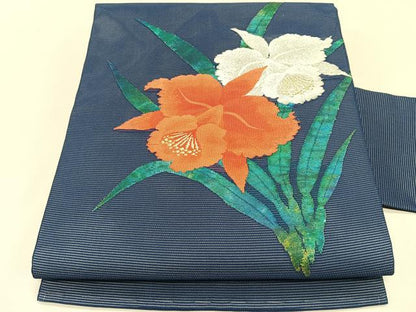 平和屋着物＊夏物　九寸名古屋帯　草花文　金銀糸　正絹　逸品　CABK1468fb