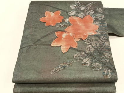 平和屋着物＊夏物　九寸名古屋帯　楓萩文　銀糸　正絹　逸品　CABK1472fb