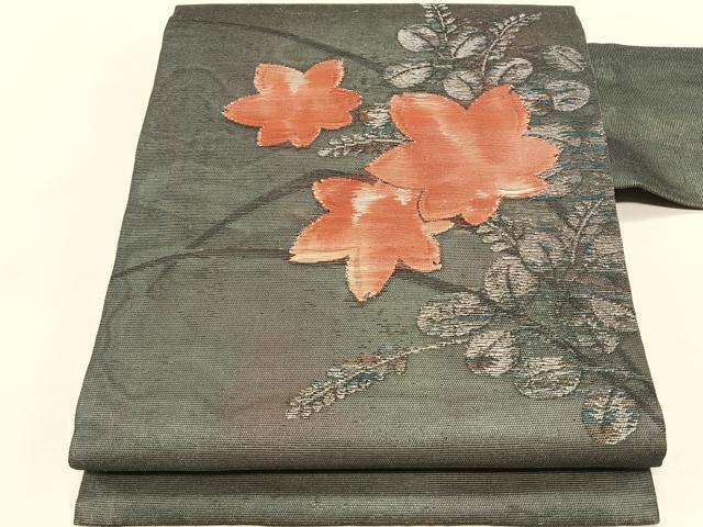 平和屋着物＊夏物　九寸名古屋帯　楓萩文　銀糸　正絹　逸品　CABK1472fb