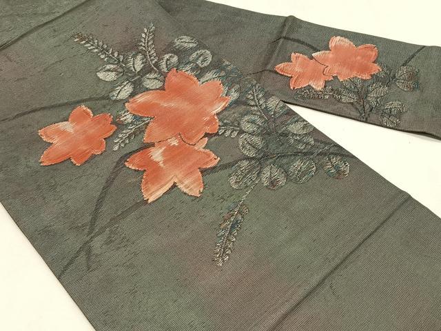 平和屋着物＊夏物　九寸名古屋帯　楓萩文　銀糸　正絹　逸品　CABK1472fb
