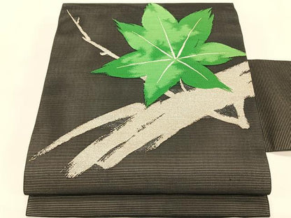 平和屋着物＊夏物　九寸名古屋帯　枝楓文　銀糸　正絹　逸品　CABK1477fb