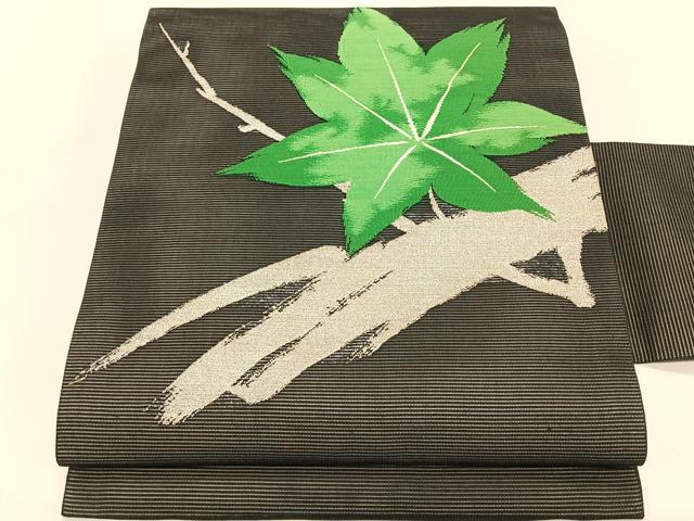 平和屋着物＊夏物　九寸名古屋帯　枝楓文　銀糸　正絹　逸品　CABK1477fb