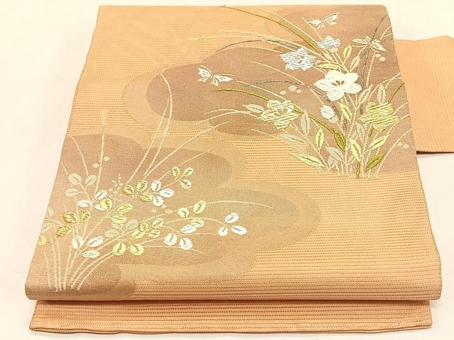 平和屋着物＊夏物　九寸名古屋帯　舞蝶草花文　金銀糸　正絹　逸品　CABK1482fb