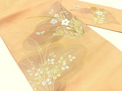 平和屋着物＊夏物　九寸名古屋帯　舞蝶草花文　金銀糸　正絹　逸品　CABK1482fb
