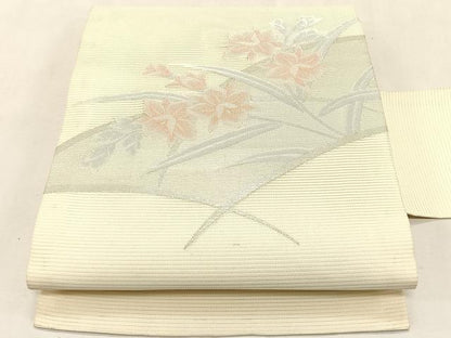 平和屋着物＊夏物　八寸名古屋帯　枝花文　銀糸　正絹　逸品　CABK1490fb