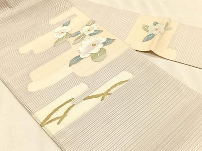 平和屋着物＊夏物　九寸名古屋帯　絽綴れ　草花文　金糸　正絹　逸品　CABK1496fb