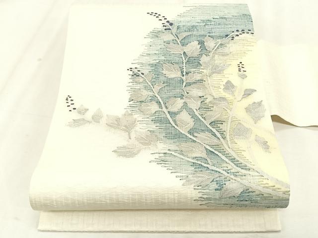 平和屋着物＊夏物　九寸名古屋帯　すくい織　枝葉文　銀糸　正絹　逸品　CABK1499fb