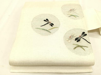 平和屋着物＊夏物　九寸名古屋帯　すくい織　トンボ芝草丸文　金糸　正絹　逸品　CABK1502fb