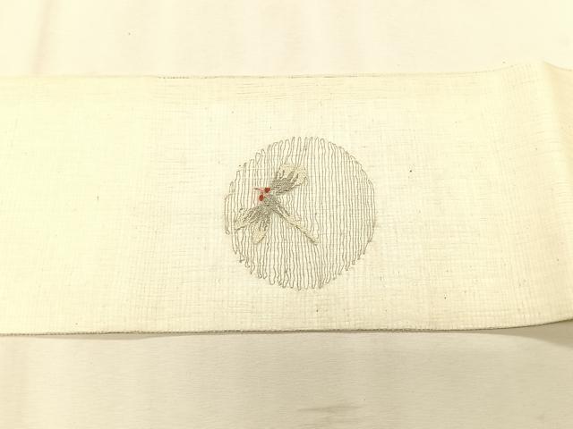 平和屋着物＊夏物　九寸名古屋帯　すくい織　トンボ芝草丸文　金糸　正絹　逸品　CABK1502fb