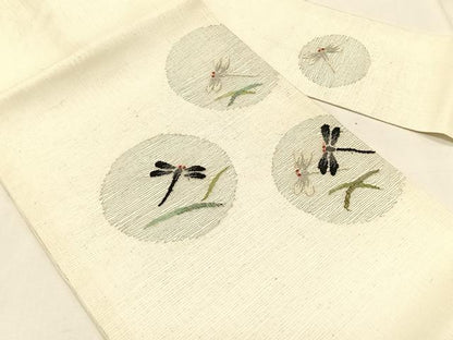平和屋着物＊夏物　九寸名古屋帯　すくい織　トンボ芝草丸文　金糸　正絹　逸品　CABK1502fb