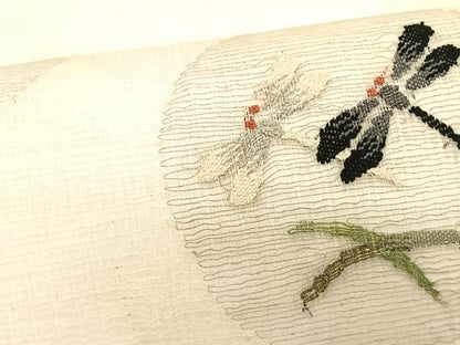 平和屋着物＊夏物　九寸名古屋帯　すくい織　トンボ芝草丸文　金糸　正絹　逸品　CABK1502fb