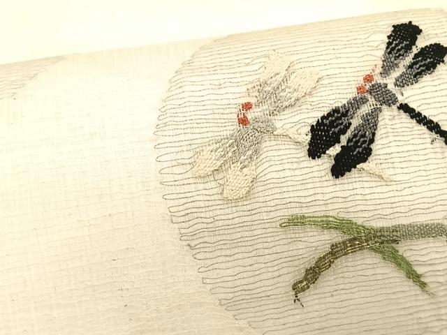 平和屋着物＊夏物　九寸名古屋帯　すくい織　トンボ芝草丸文　金糸　正絹　逸品　CABK1502fb
