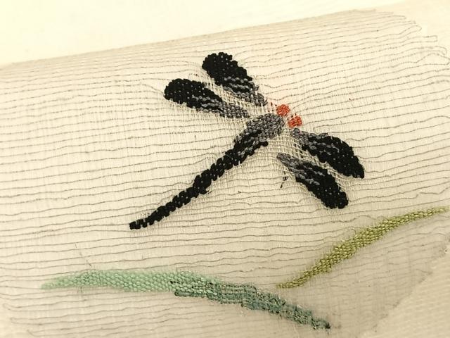 平和屋着物＊夏物　九寸名古屋帯　すくい織　トンボ芝草丸文　金糸　正絹　逸品　CABK1502fb