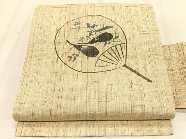 平和屋着物＊夏物　九寸名古屋帯　手描き　団扇　成り物　麻　逸品　CABK1506fb