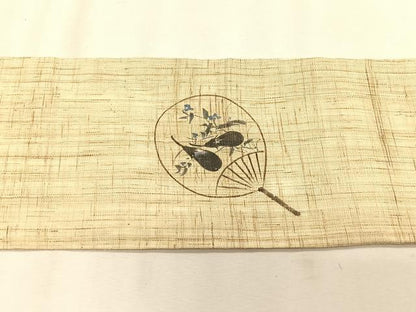 平和屋着物＊夏物　九寸名古屋帯　手描き　団扇　成り物　麻　逸品　CABK1506fb