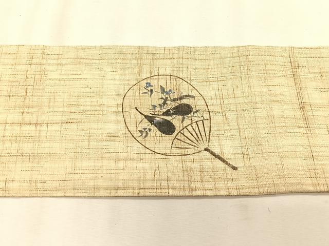 平和屋着物＊夏物　九寸名古屋帯　手描き　団扇　成り物　麻　逸品　CABK1506fb