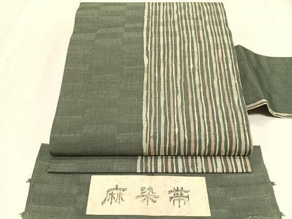 平和屋着物＊夏物　九寸名古屋帯　変わり縞　反端付き　麻　逸品　CABK1507fb
