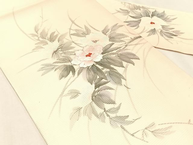 平和屋着物＊夏物　九寸名古屋帯　作家物　手描き　刺繍　草花文　銀彩　正絹　逸品　CABK1508fb