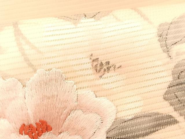 平和屋着物＊夏物　九寸名古屋帯　作家物　手描き　刺繍　草花文　銀彩　正絹　逸品　CABK1508fb