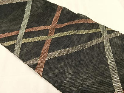 平和屋着物＊夏物　八寸名古屋帯　斜線文　黒地　正絹　逸品　CABK1510fb