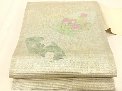 平和屋着物＊夏物　九寸名古屋帯　地紙枝花文　金銀糸　正絹　逸品　CABK1515fb