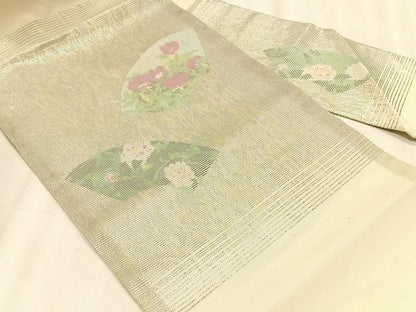 平和屋着物＊夏物　九寸名古屋帯　地紙枝花文　金銀糸　正絹　逸品　CABK1515fb