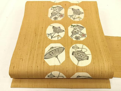 平和屋着物＊夏物　九寸名古屋帯　紬地　型染め　吉祥花文　正絹　逸品　CABK1519fb