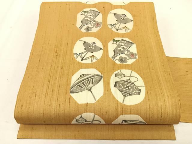 平和屋着物＊夏物　九寸名古屋帯　紬地　型染め　吉祥花文　正絹　逸品　CABK1519fb