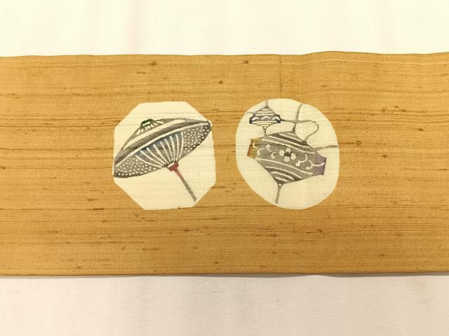 平和屋着物＊夏物　九寸名古屋帯　紬地　型染め　吉祥花文　正絹　逸品　CABK1519fb