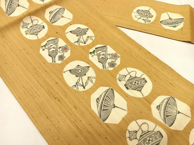 平和屋着物＊夏物　九寸名古屋帯　紬地　型染め　吉祥花文　正絹　逸品　CABK1519fb