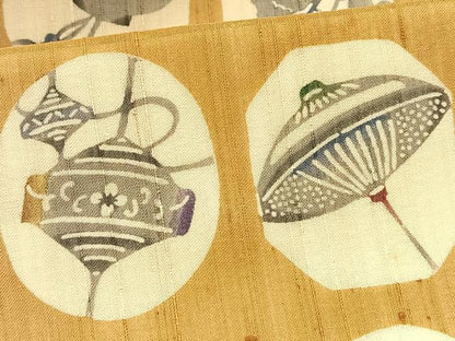平和屋着物＊夏物　九寸名古屋帯　紬地　型染め　吉祥花文　正絹　逸品　CABK1519fb