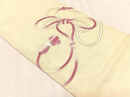 平和屋着物＊夏物　九寸開き名古屋帯　駒刺繍　総刺繍　結び紐文　正絹　逸品　CABK1520fb