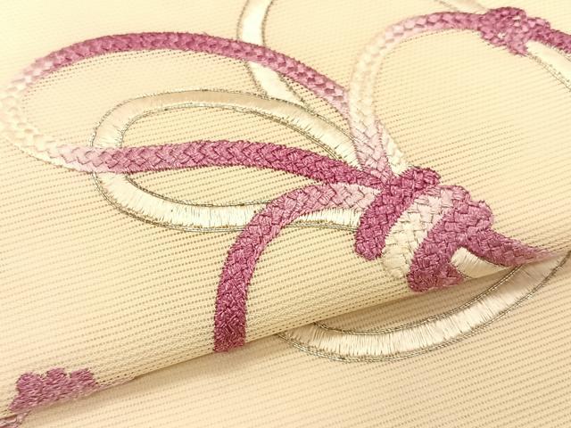 平和屋着物＊夏物　九寸開き名古屋帯　駒刺繍　総刺繍　結び紐文　正絹　逸品　CABK1520fb