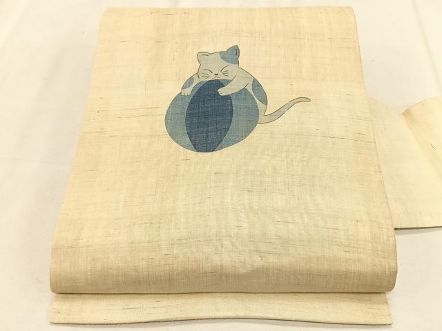平和屋着物＊夏物　九寸名古屋帯　猫　麻　逸品　CABK1522fb