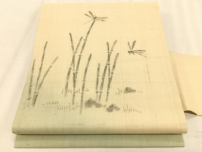 平和屋着物＊夏物　九寸名古屋帯　手描き　紬地　トンボ　土筆　正絹　逸品　CABK1525fb
