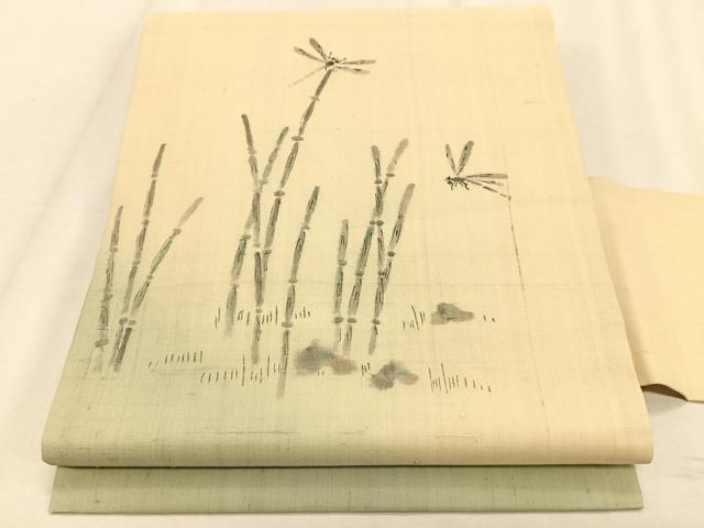 平和屋着物＊夏物　九寸名古屋帯　手描き　紬地　トンボ　土筆　正絹　逸品　CABK1525fb