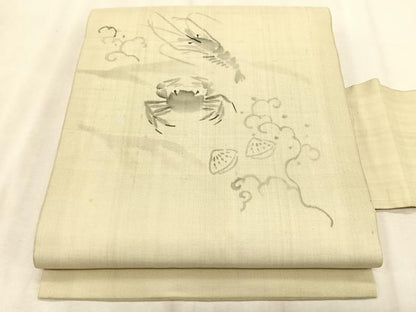 平和屋着物＊夏物　九寸名古屋帯　手描き　紬地　海老　蟹　正絹　逸品　CABK1551fb