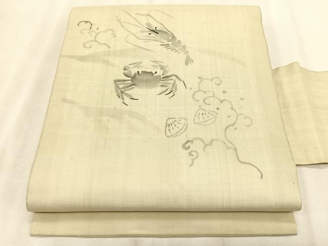 平和屋着物＊夏物　九寸名古屋帯　手描き　紬地　海老　蟹　正絹　逸品　CABK1551fb