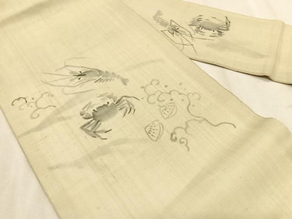 平和屋着物＊夏物　九寸名古屋帯　手描き　紬地　海老　蟹　正絹　逸品　CABK1551fb