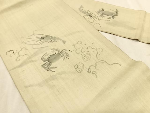 平和屋着物＊夏物　九寸名古屋帯　手描き　紬地　海老　蟹　正絹　逸品　CABK1551fb