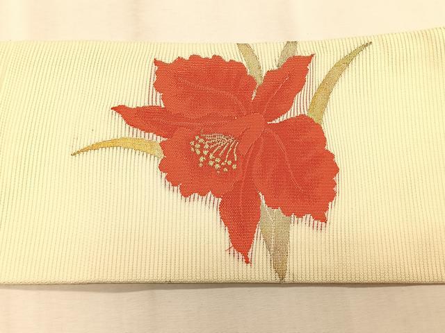 平和屋着物＊夏物　九寸名古屋帯　草花文　銀糸　正絹　逸品　CABK1557fb