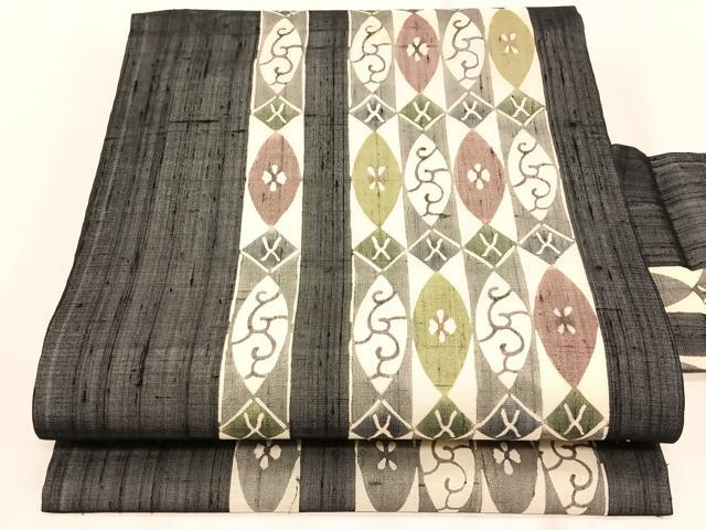 平和屋着物＊夏物　絹芭蕉　九寸名古屋帯　型染め　間道　正絹　逸品　CABK1562fb