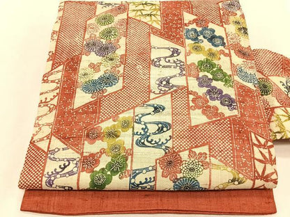 平和屋着物＊夏物　全通柄　九寸名古屋帯　型染め　生紬　吉祥花文　正絹　逸品　未使用　CABK1564fb