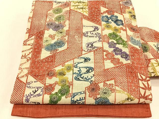 平和屋着物＊夏物　全通柄　九寸名古屋帯　型染め　生紬　吉祥花文　正絹　逸品　未使用　CABK1564fb