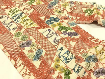 平和屋着物＊夏物　全通柄　九寸名古屋帯　型染め　生紬　吉祥花文　正絹　逸品　未使用　CABK1564fb